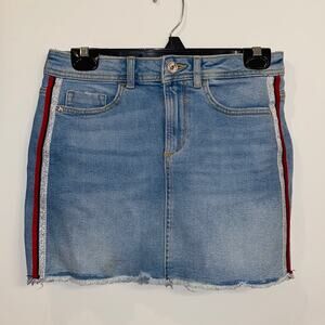 Zara Distressed Denim Racing Stripe Mini Skirt Size Small